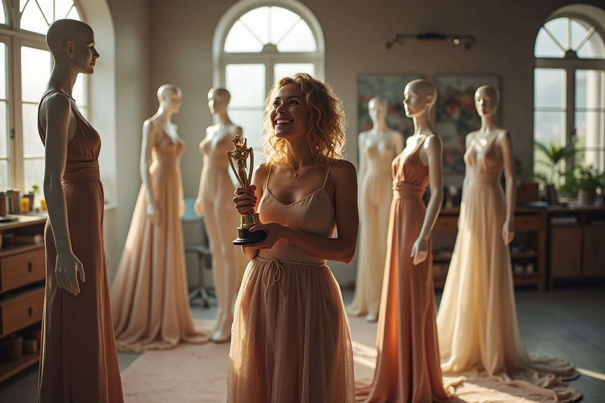 Créateur célèbre célébrant avec un prix dans un atelier chic
