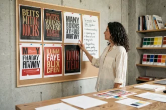 Designer graphique analysant des maquettes d'affiches avec différentes typographies dans un studio créatif