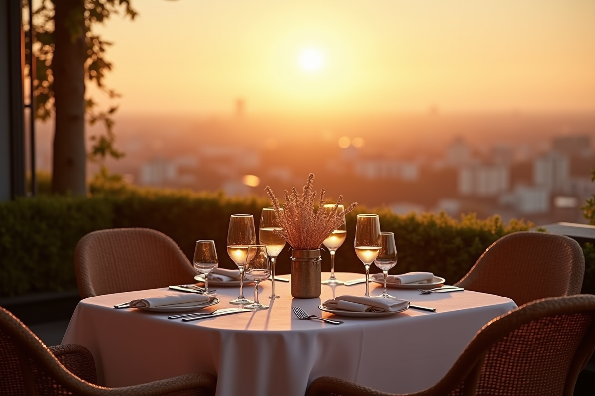 Dîner d anniversaire sur une terrasse moderne avec vue urbaine au coucher du soleil