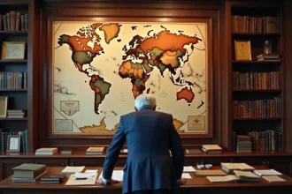 Diplomate étudiant une carte du monde ancienne dans un bureau gouvernemental, représentant les enjeux géopolitiques liés à la superficie des pays