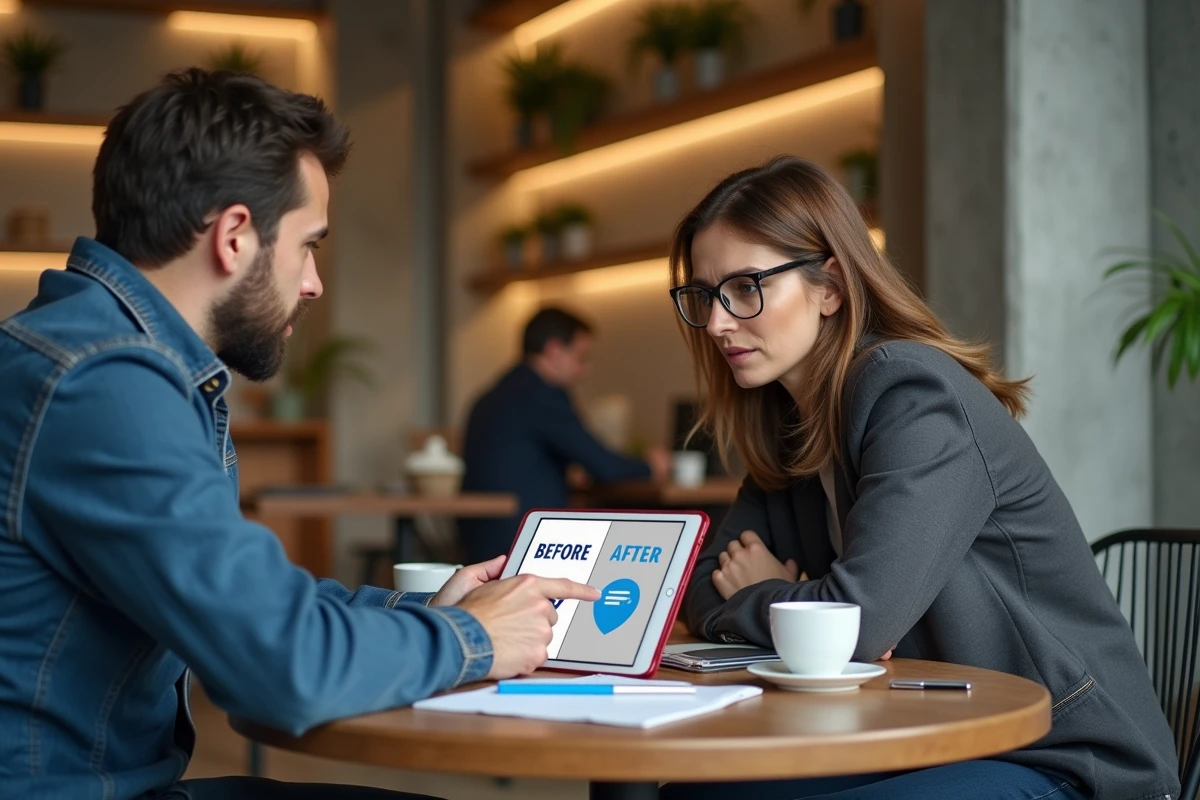 Deux collègues discutant du changement d'identité visuelle d'une marque sur une tablette dans un espace de coworking
