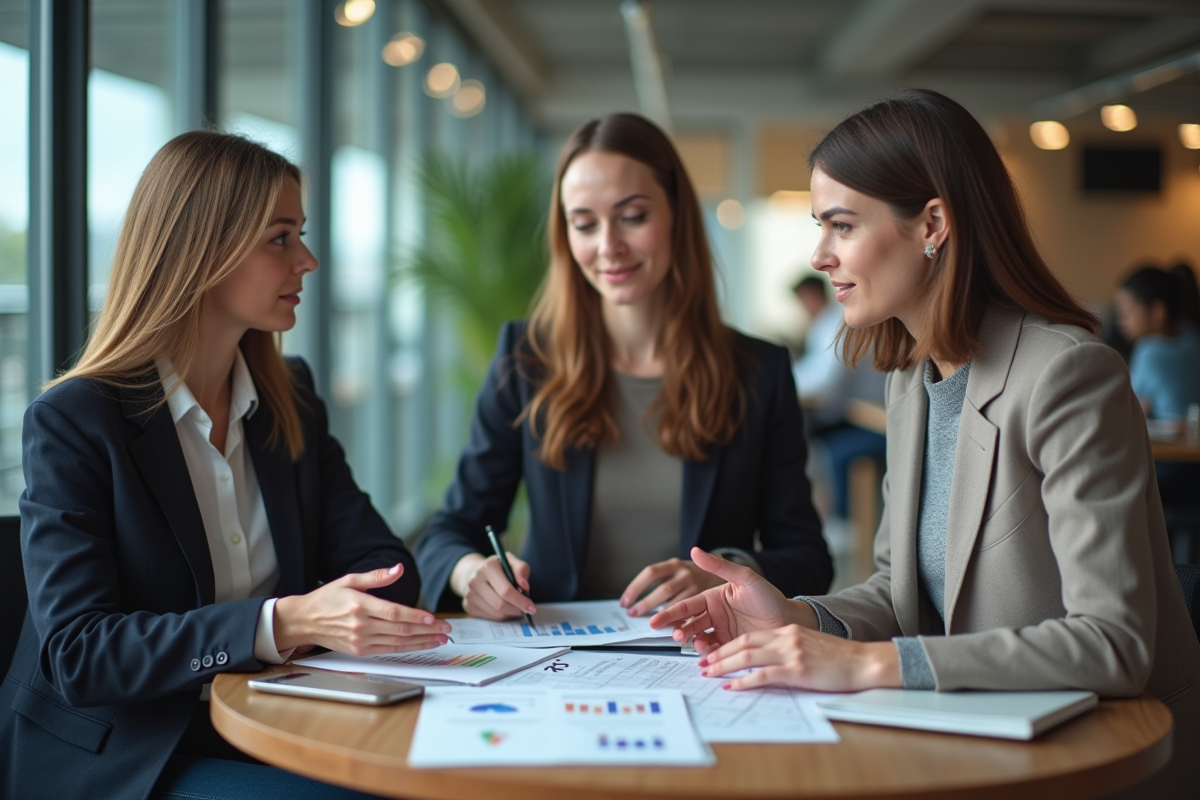Groupe de trois professionnels en réunion de travail