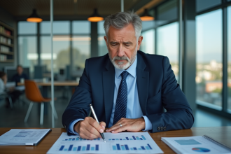 Économiste homme en costume bleu dans un bureau moderne