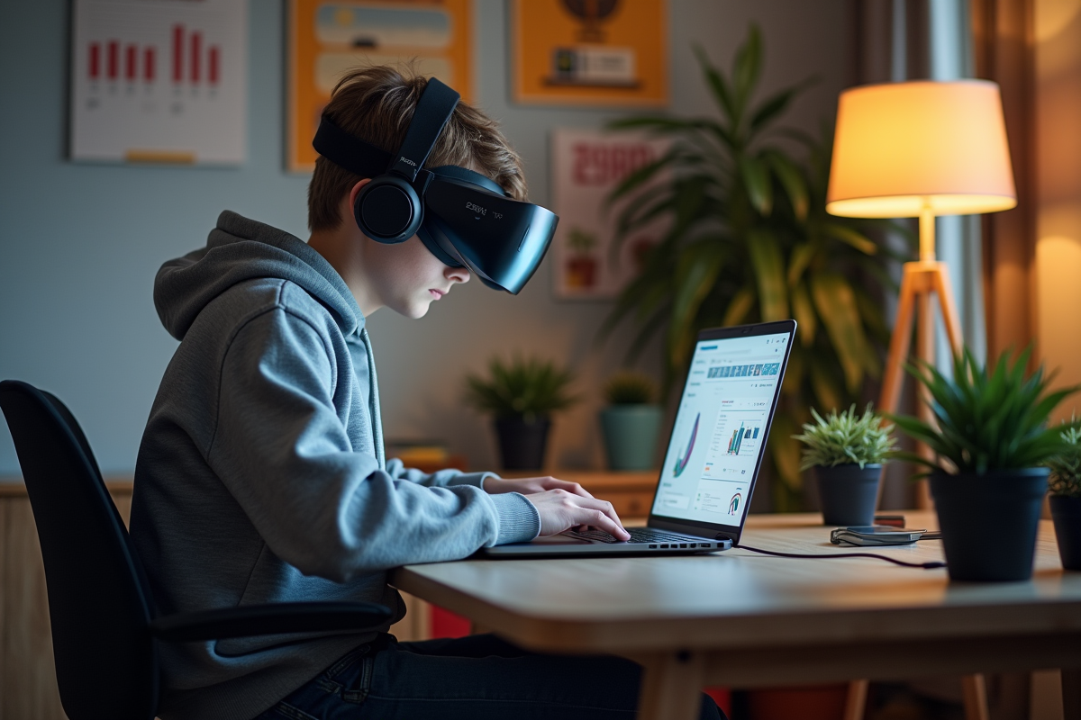 Jeune homme concentré utilisant un casque VR dans un espace d’étude moderne