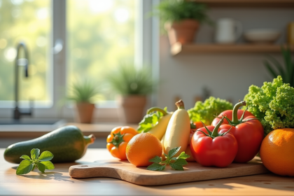 Emballage alimentaire écologique sur une table en bois avec fruits frais
