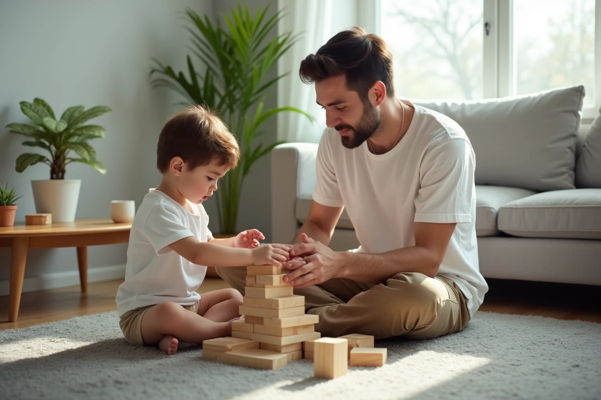 Jeune homme et enfant construisant une tour de blocs en bois