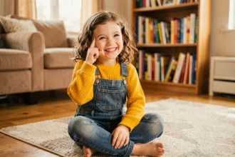Petite fille souriante en train de réfléchir à une devinette, assise sur le sol d'un salon chaleureux