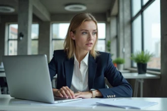 Jeune femme professionnelle assise à un bureau moderne examinant des documents, illustrant une enquête journalistique sur les rumeurs et la vérité