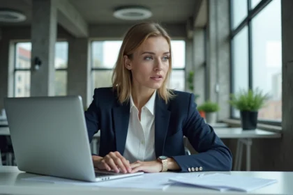 Jeune femme professionnelle assise à un bureau moderne examinant des documents, illustrant une enquête journalistique sur les rumeurs et la vérité
