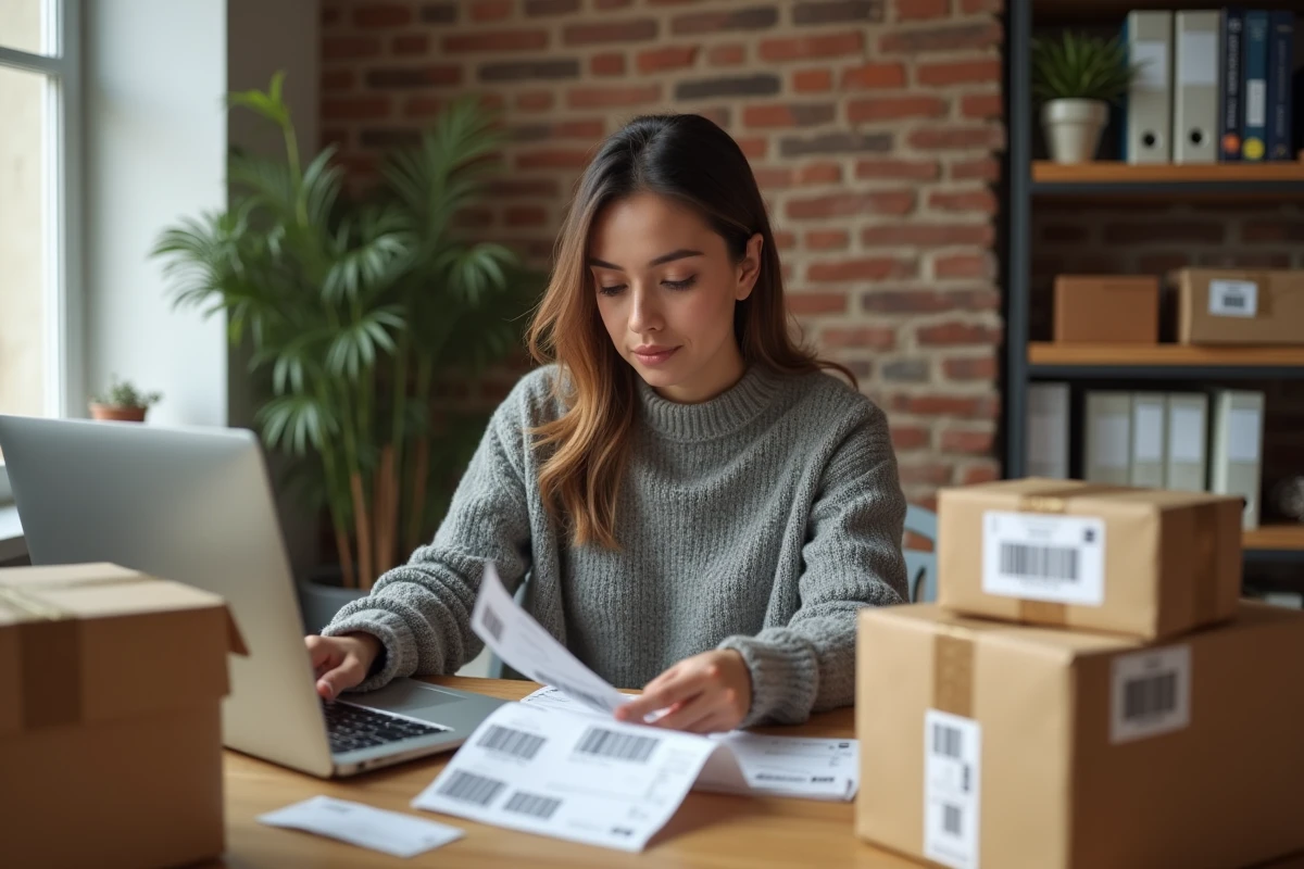 Entrepreneuse préparant des étiquettes Colissimo dans son bureau à domicile pour expédier des commandes clients