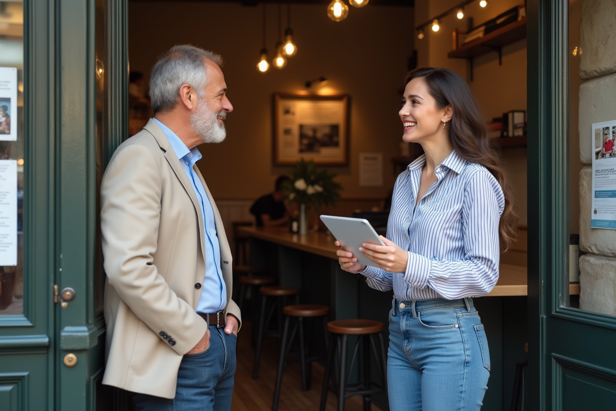 Jeune responsable RH interviewant un homme dans un café bordelais