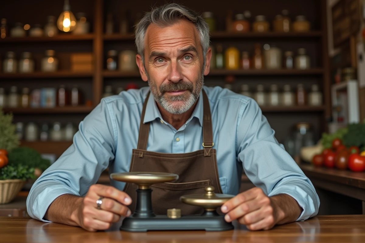 Vendeur d'épicerie ancienne comparant deux poids
