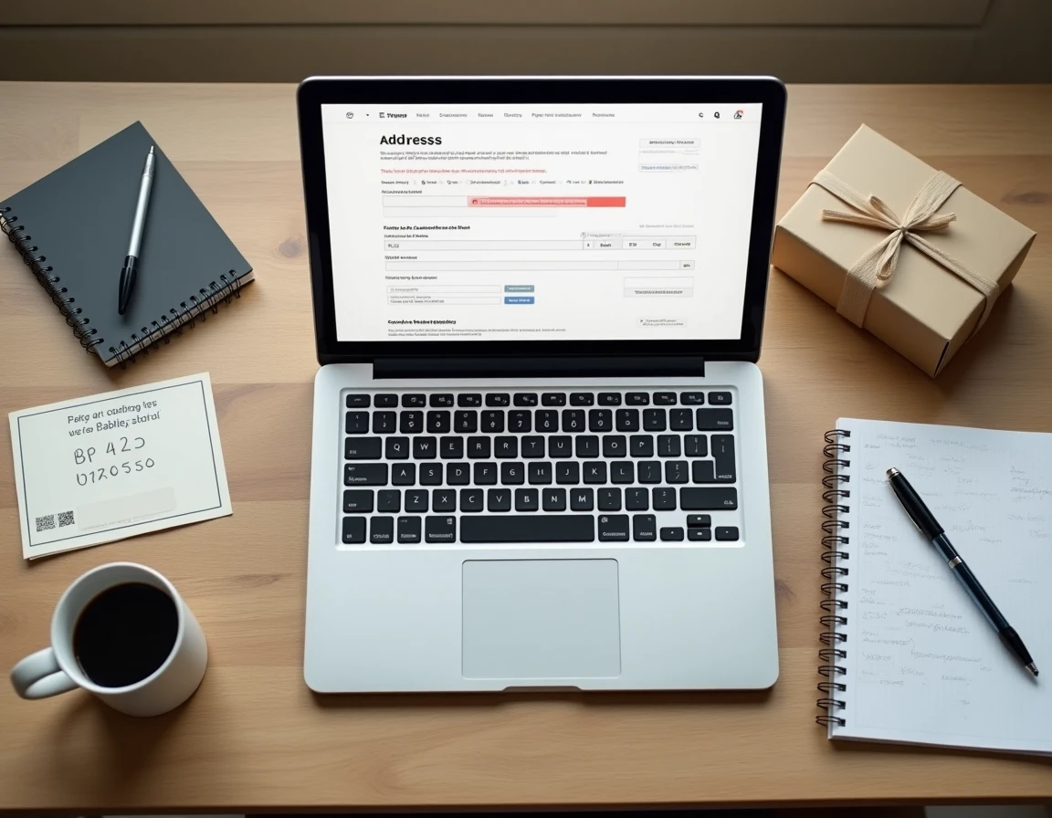 Vue de dessus d'un bureau avec formulaire de commande en ligne affichant une erreur d'adresse BP et une étiquette colis marketplace