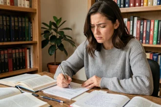 Femme étudiant les règles grammaticales françaises avec des livres ouverts et des notes manuscrites sur un bureau en bois