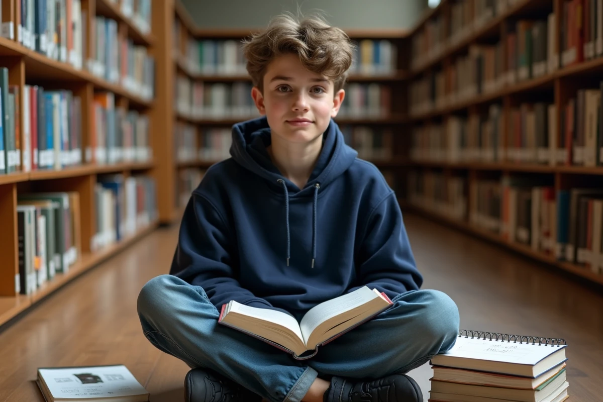 Adolescent en bibliothèque consultant un livre sur les calendriers avec des calculs de semaines dans un carnet