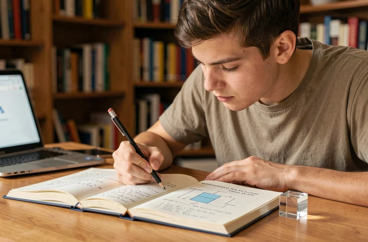 Étudiant consultant un manuel de conversion de volumes en cm3 et litres à son bureau avec des notes manuscrites et un modèle de cube en plastique