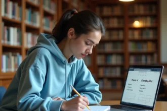 Étudiante utilisant un convertisseur hectares en mètres carrés sur ordinateur portable en bibliothèque universitaire