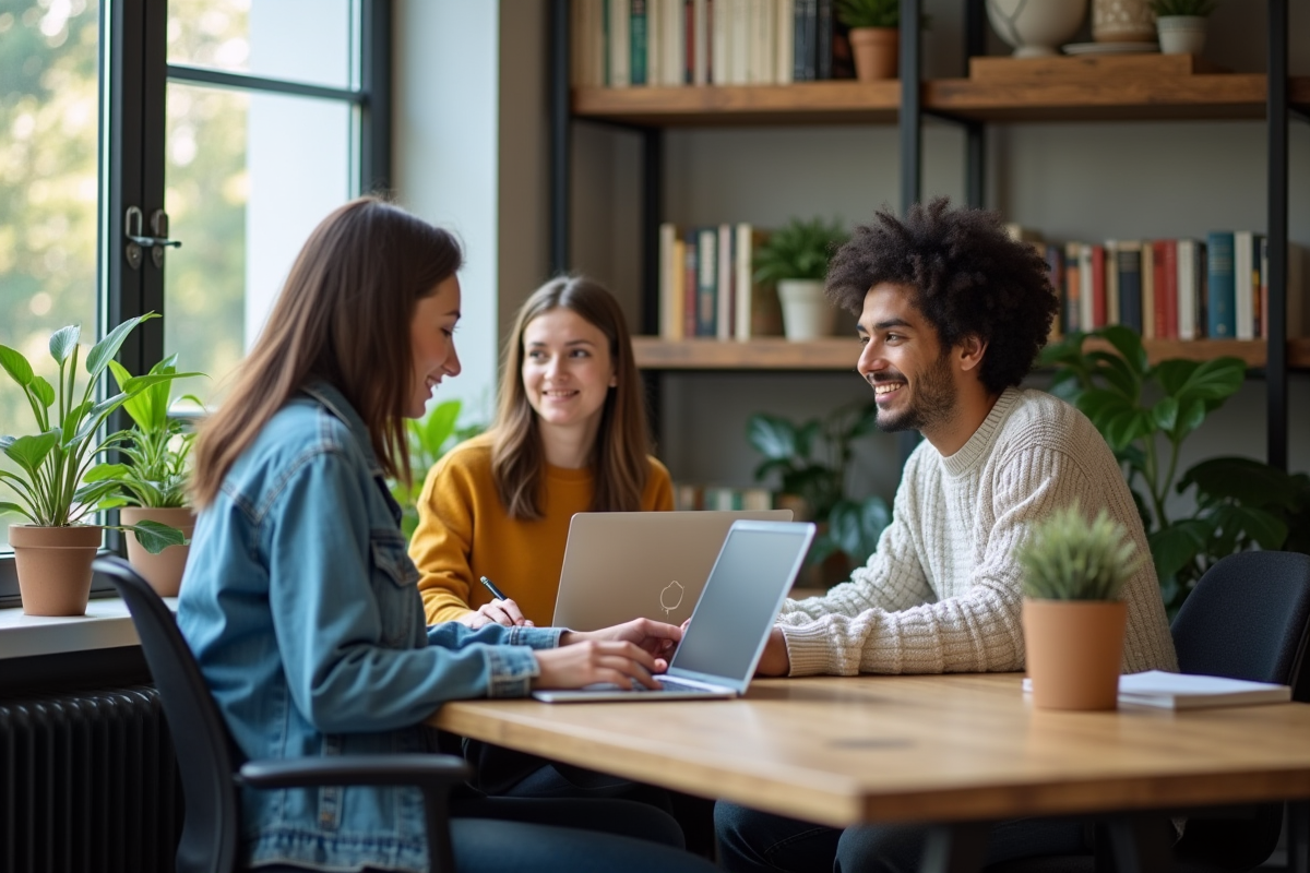 Trois étudiants concentrés sur leurs ordinateurs dans un espace de coworking lumineux