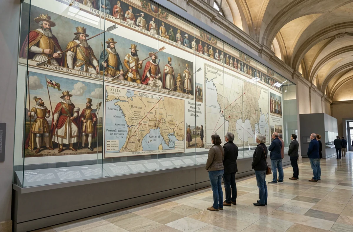 Exposition muséale présentant une grande frise des rois de France avec portraits royaux, successions dynastiques et cartes de batailles historiques