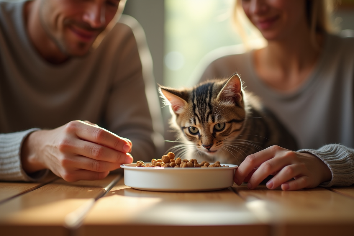 Famille donnant des croquettes à un chat nain à la table