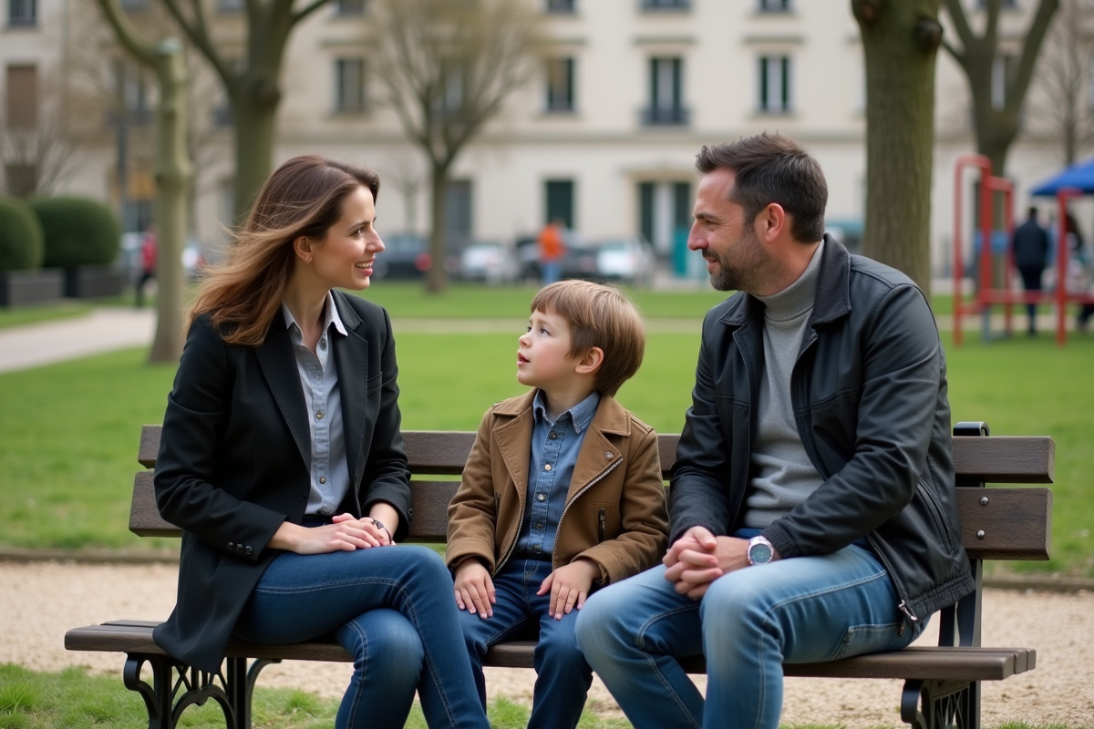 Famille discutant sur un banc dans un parc français