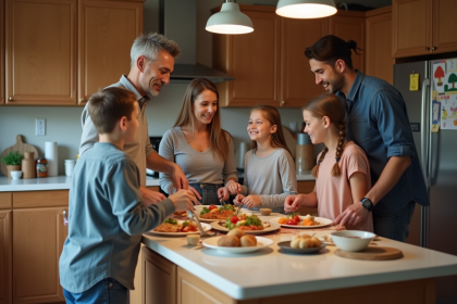 Famille recomposée partageant un repas dans la cuisine