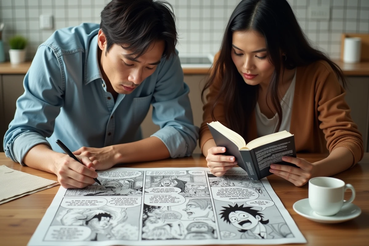 Deux fans adultes débattant de la qualité d'une traduction française d'un chapitre One Piece autour d'une page imprimée