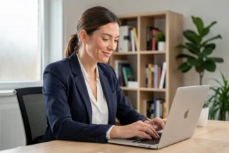 Femme professionnelle consultant un abonnement business gratuit sur son ordinateur portable dans un bureau moderne