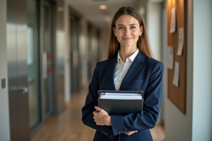 Femme d'affaires confiante dans un couloir moderne
