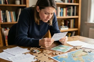 Une femme adulte concentrée analyse des indices d'un jeu d'évasion de type Rooms and Exits, avec des notes et cartes éparpillées sur une table en bois