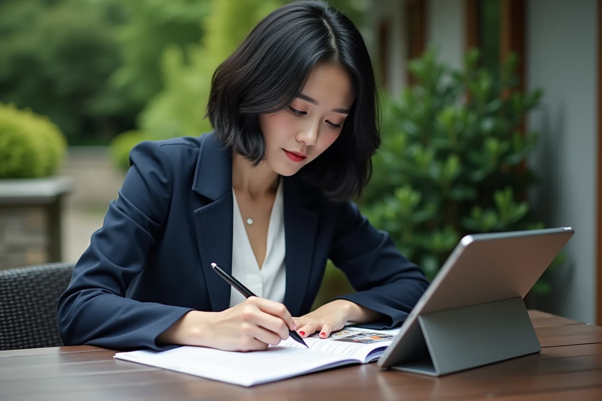 Femme analysant manga sur tablette en extérieur