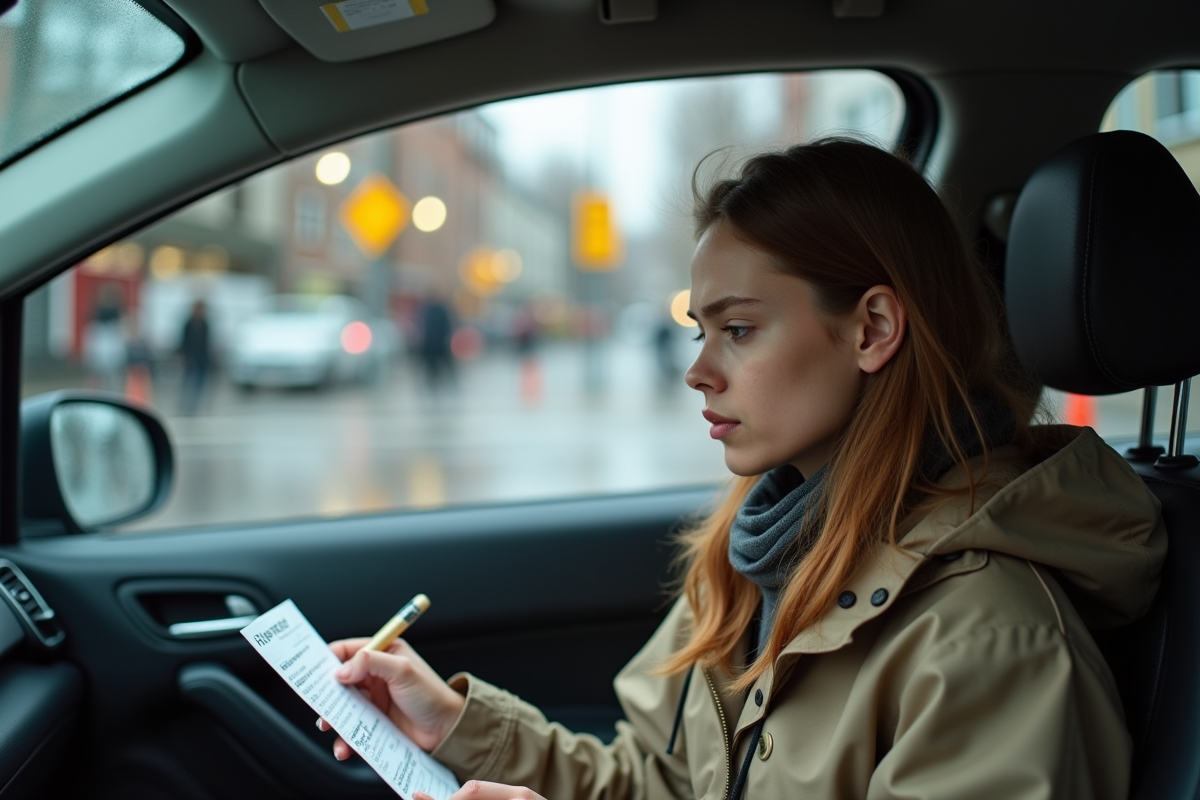 Jeune femme remplissant formulaire d accident dans voiture