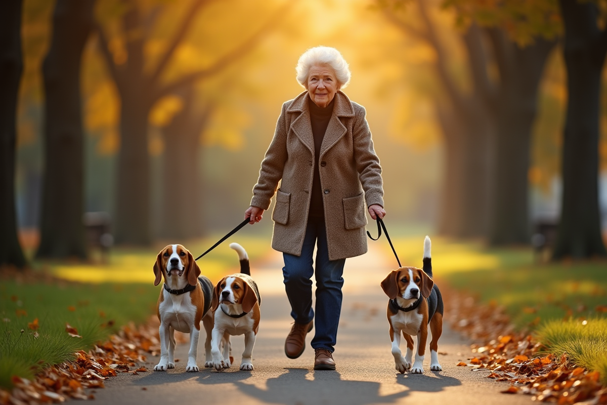 Femme âgée promenant trois beagles dans un parc ombragé