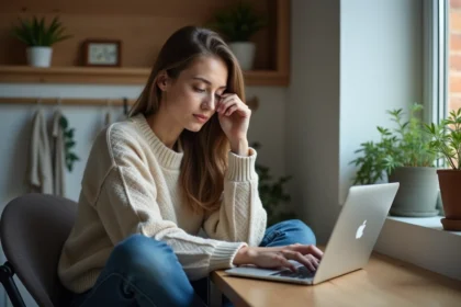 Jeune femme lisant son ordinateur dans un bureau cosy