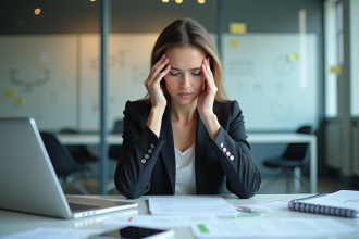 Femme d'une trentaine d'années au bureau en pleine réflexion