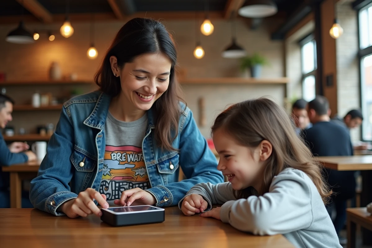 Femme partageant une console rétro avec sa fille au café