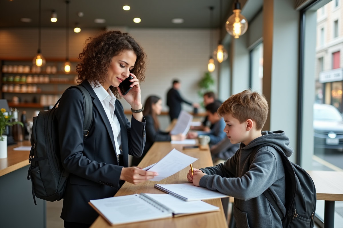 Mère et enfant dans un café moderne en pleine discussion