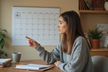 Jeune femme étudiant un calendrier mural avec les numéros de semaines visibles dans un bureau à domicile