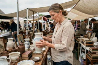 Femme chinant une poterie ancienne sur un marché aux puces en plein air dans le Nord, ambiance brocante authentique