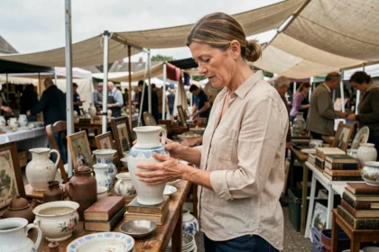 Femme chinant une poterie ancienne sur un marché aux puces en plein air dans le Nord, ambiance brocante authentique