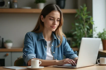 Femme en denim et pantalon olive travaillant sur son ordinateur dans une cuisine chaleureuse