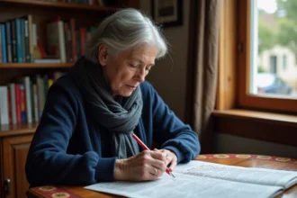 Femme d'âge moyen remplissant une grille de mots croisés sur un journal