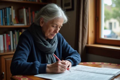 Femme d'âge moyen remplissant une grille de mots croisés sur un journal