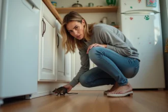 Femme dans la cuisine observant un rat sous un meuble