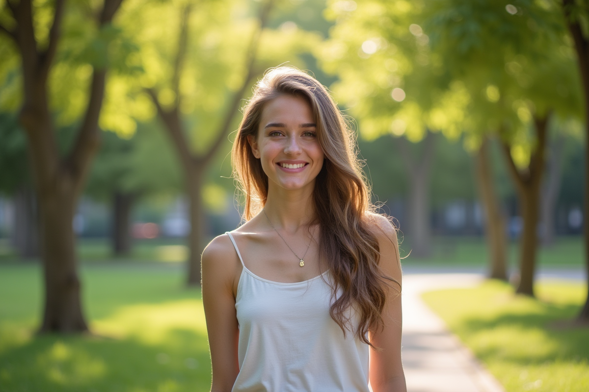 Femme souriante dans un parc en plein air ensoleille