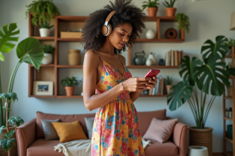 Jeune femme hispanique danse en intérieur avec casque sans fil