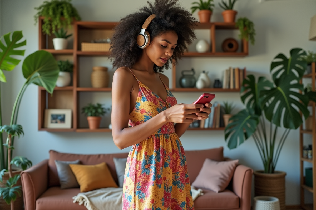 Jeune femme hispanique danse en intérieur avec casque sans fil