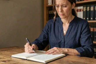 Femme concentrée écrivant dans un cahier ouvert pour tester ses connaissances en orthographe française, notamment la conjugaison d'appelle ou appelles