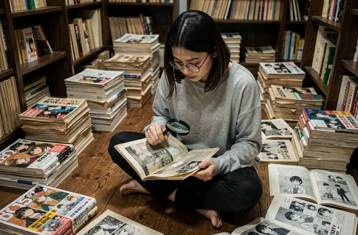 Jeune femme portant des lunettes examinant attentivement d'anciens scans imprimés de One Piece dans une salle d'archives personnelle entourée de volumes de manga