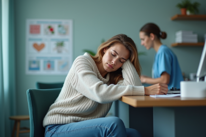 Femme fatiguée en salle médicale avec infirmière